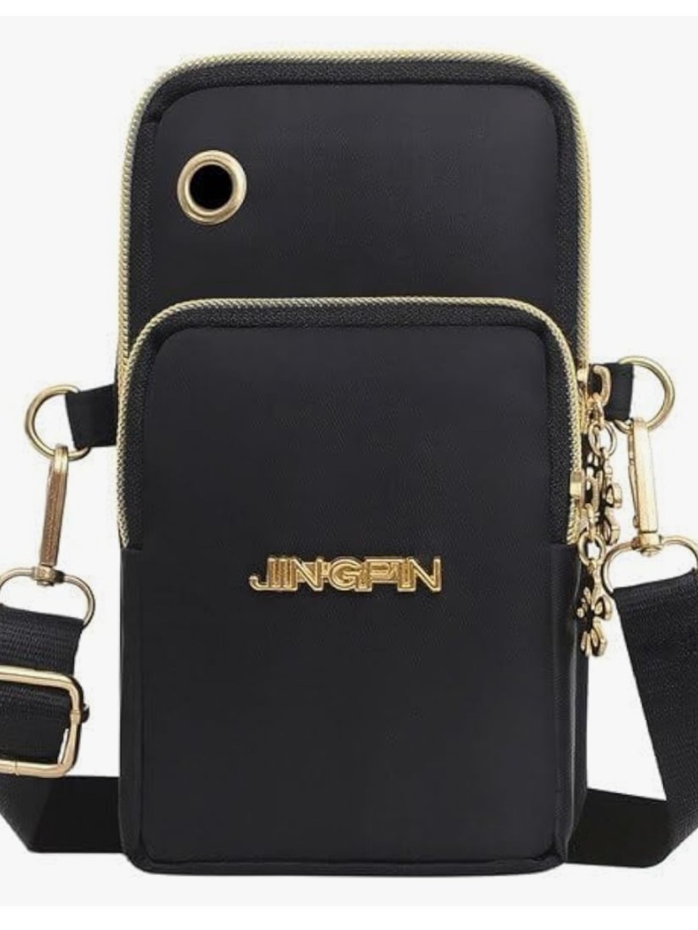 JINGPIN Black Crossbody Phone Bag with Gold Hardware